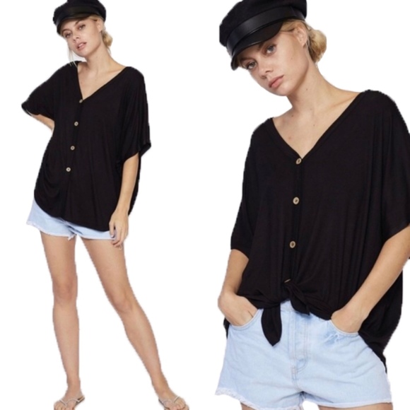Tops - Button Down Jersey Cardigan - Black - Oversized